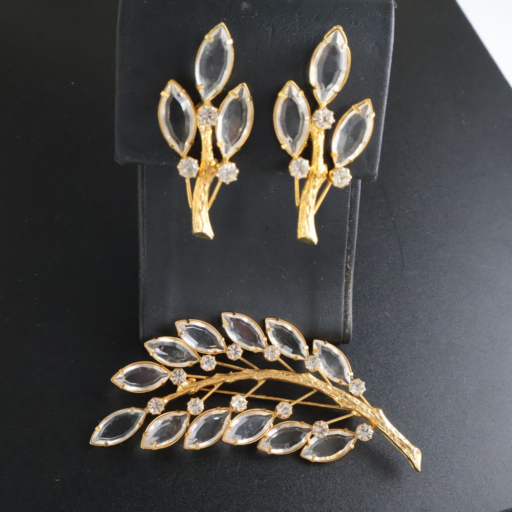 Vintage Gold Tone Clear Marquise Rhinestone Leaf Branch Brooch Clip Earring Set